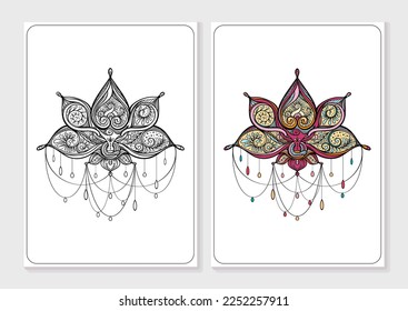 Buddha on the background of clouds and the symbol OM. Coloring page for the adult coloring book with colored sample. Vector illustration.