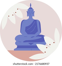 Buddha on the background of a lotus. Vector illustration. Yoga icons. Relaxing environment. Cartoon flat style. Concept of meditation. Healthy lifestyle
