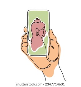 Buddha on smartphone screen continuous line colourful vector illustration.