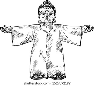 Buddha with an open arms. Hand drawn vector illustration.