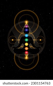 Buddha over gold Sacred Geometry with colorful chakras. Seven chakras, energy body and Yogi meditating in the lotus position. Vector isolated on glowing starry black background 
