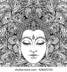 Buda sobre ornamentado patrón de Mandala redonda. ilustración vectorial. Composición de zentángulo decorativo vintage. Indio, budismo, motivos espirituales de Buda. Coloración de páginas de libros para adultos