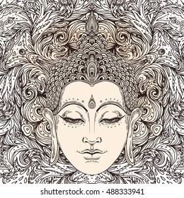 Buddha over ornate mandala round pattern. Esoteric vintage vector illustration. Indian, Buddhism, spiritual art. Hippie tattoo, spirituality, Thai god, yoga zen. Vintage beige background.