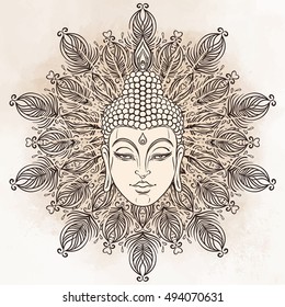 Buddha over ornate mandala round pattern. Esoteric vintage vector illustration. Indian, Buddhism, spiritual art. Hippie tattoo, spirituality, Thai god, yoga zen. Vintage beige background.