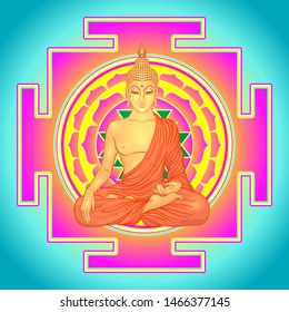 Buddha over Sri Yantra or Sri Chakra, form of mystical diagram, Shri Vidya school of Hindu tantra symbol. Sacred geometry vector design element. Vector illustration. Alchemy, occultism, spirituality.