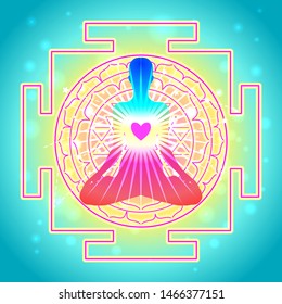 Buddha over Sri Yantra or Sri Chakra, form of mystical diagram, Shri Vidya school of Hindu tantra symbol. Sacred geometry vector design element. Vector illustration. Alchemy, occultism, spirituality.