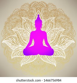 Buddha over Sri Yantra or Sri Chakra, form of mystical diagram, Shri Vidya school of Hindu tantra symbol. Sacred geometry vector design element. Vector illustration. Alchemy, occultism, spirituality.