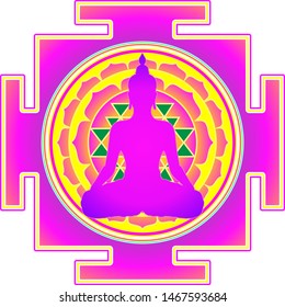Buddha over Sri Yantra or Sri Chakra, form of mystical diagram, Shri Vidya school of Hindu tantra symbol. Sacred geometry vector design element. Vector illustration. Alchemy, occultism, spirituality.