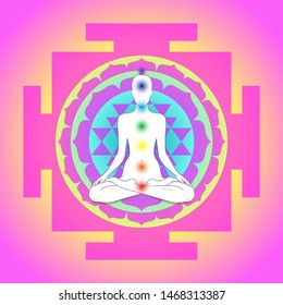 Buddha over Sri Yantra or Sri Chakra, form of mystical diagram, Shri Vidya school of Hindu tantra symbol. Sacred geometry vector design element. Vector illustration. Alchemy, occultism, spirituality.