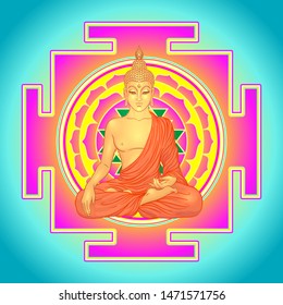Buddha over Sri Yantra or Sri Chakra, form of mystical diagram, Shri Vidya school of Hindu tantra symbol. Sacred geometry vector design element. Vector illustration. Alchemy, occultism, spirituality.