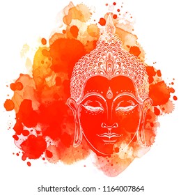 Buddha over watercolor background. Vector illustration. Vintage decorative composition. Indian, Buddhism, Spiritual motifs. Tattoo, yoga, spirituality.
