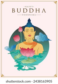Buddha Poornima greetings with Mural of Buddha. Buddha Portrait illustration. Colorful Vector illustration of buddha isolated on white background.