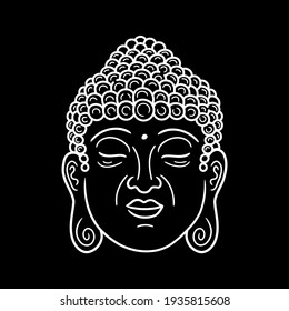 Buddha portrait in black background. Vector hand drawn style character illustration icon. Buddha face character line print for poster,card,t-shirt concept