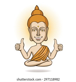 Buddha - positive cartoon smile character, vector editable illustration. Buddhism, Hinduism, Ayurveda, Yogi man