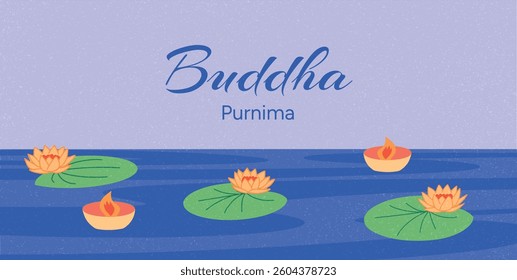 Buddha Purnima Greeting Design with Lotus Flowers and Floating Candles on Water. Vesak Day. Buddha Jayanti Celebration. Vector Illustration for Banners, Cards, Web, Social Media and Print Design.