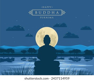 buddha Purnima Greetings design. Buddha illustration with moonlit landscape and starry sky. Vector illustration.