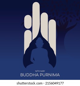 Buddha Purnima - Lord Buddha in Meditation with Hand leaf and Bodhi Tree - Happy Vesak Day - Vector illustration isolated
