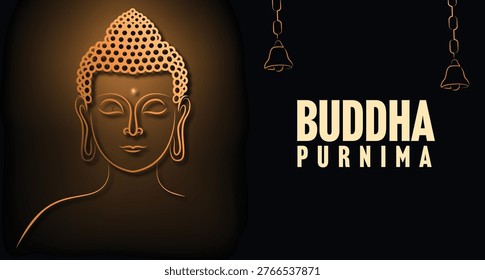 Buddha Purnima Poster with Golden Buddha Face Line Art, Hanging Ornaments, and Elegant Dark Background