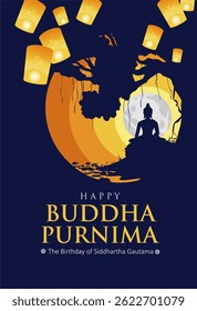 Buddha Purnima Translation : The birthday of Buddha.  Happy Vesak Day 2025 Illustration with Meditating Buddha under Bodhi Tree on the Beautiful Sunrise. 
