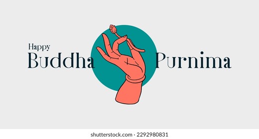 Buddha Purnima typography and elegant Buddha hand mudra vector illustration with lotus flower.