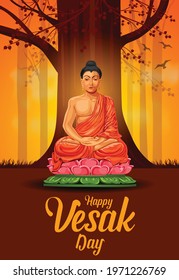 Buddha purnima vector illustration design. 
Buddha sitting under Bodhi tree. Painting with happy Wesak day lettering	