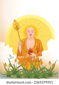 Buddha purnima vector illustration design. Buddha sitting under Bodhi tree. Painting with happy Wesak day lettering