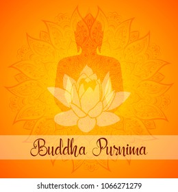 Buddha Purnima Vector illustration greeting card. Mandala, lotus flower with buddhas silhouette.