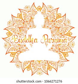 Buddha Purnima Vector illustration. Mandala, lotus flower with buddhas silhouette.