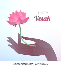 Buddha Purnima or Vesak card. Vector illustration with elegant dark hand holding lotus flower on light background.