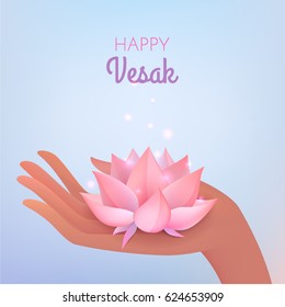 Buddha Purnima or Vesak card. Vector illustration with elegant hand and lotus flower on pastel blue background.