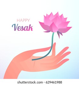 Buddha Purnima or Vesak card. Vector illustration with elegant hand holding lotus flower on light background.