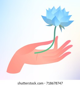 Buddha Purnima or Vesak card. Vector illustration with hand holding lotus flower on light background.