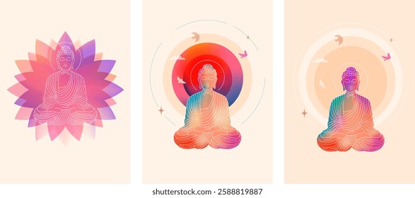 Buddha Purnima, Vesak Day concept design with Buddha and lotus illustration, abstract background, banner, poster and flyer. Vector design with color gradient