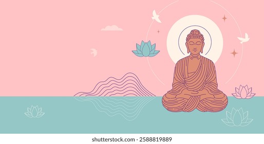 Buddha Purnima, Vesak Day concept design with Buddha and lotus illustration, abstract background, banner, poster and flyer. Vector design