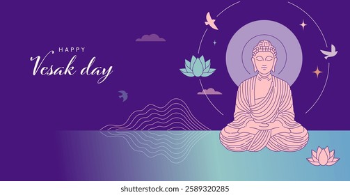 Buddha Purnima, Vesak Day concept design with Buddha and lotus illustration, abstract background, banner, poster and flyer. Vector design with color gradient