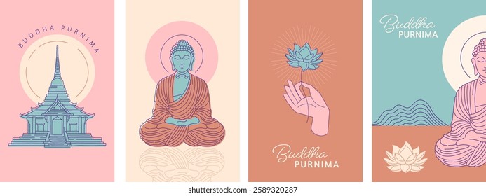 Buddha Purnima, Vesak Day concept design with Buddha and lotus illustration, abstract background, banner, poster and flyer. Vector design