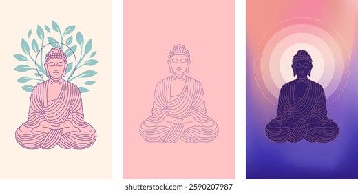 Buddha Purnima, Vesak Day concept design with Buddha and lotus illustration, abstract background, banner, poster and flyer. Vector design with color gradient