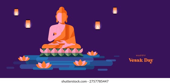 Buddha Purnima, Vesak Day concept design with Buddha and lotus illustration, abstract background, banner, poster and flyer. bold modern style 