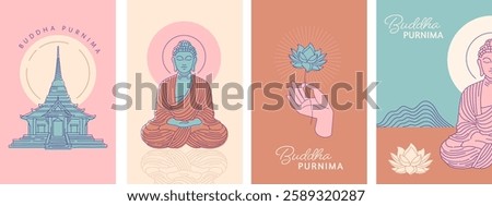 Buddha Purnima, Vesak Day concept design with Buddha and lotus illustration, abstract background, banner, poster and flyer. Vector design
