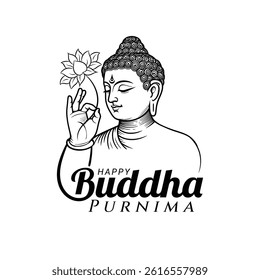 Buddha purnima or vesak day greetings with lord buddha portrait line stroke black symbol