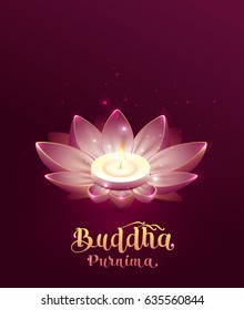 Buddha Purnima Vesak day lettering text greeting card. Lotus flower and burning candle. Illustration in vector format