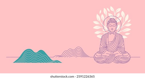 Buddha Purnima, Vesak Day minimalist linear concept design with Buddha and lotus illustration, abstract background, banner, poster and flyer. Vector design