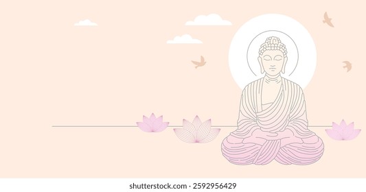 Buddha Purnima, Vesak Day minimalist linear concept design with Buddha and lotus illustration, abstract background, banner, poster and flyer. Vector design