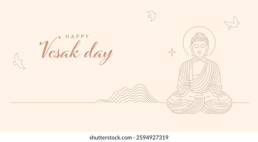 Buddha Purnima, Vesak Day minimalist linear concept design with Buddha and lotus illustration, abstract background, banner, poster and flyer. Vector design