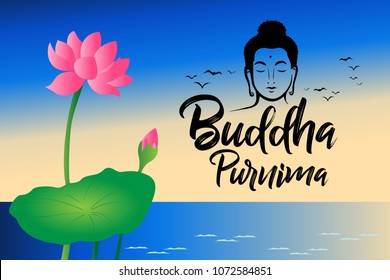 Buddha Purnima wishes vector illustration with buddha and lotus flower. Can be used for banner, backgrounds, greetings, poster, symbol, icon, print, text logo and buddhist designs. 