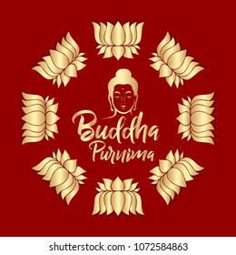 Buddha Purnima wishes vector illustration with buddha and lotus flower. Can be used for banner, backgrounds, greetings, poster, symbol, icon, print, text logo and buddhist designs. 