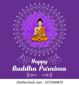 Buddha Purnima wishes vector illustration with buddha and lotus flower. Can be used for banner, backgrounds, greetings, poster, symbol, icon, print, text logo and buddhist designs. 