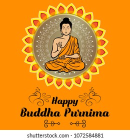 Buddha Purnima wishes vector illustration with buddha and lotus flower. Can be used for banner, backgrounds, greetings, poster, symbol, icon, print, text logo and buddhist designs. 