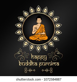 Buddha Purnima wishes vector illustration with buddha character. Can be used for banner, backgrounds, greetings, poster, symbol, icon, print, text logo and buddhist designs. 