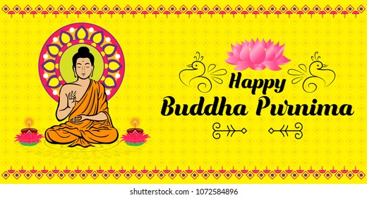 Buddha Purnima wishes vector illustration with buddha and lotus flower. Can be used for banner, backgrounds, greetings, poster, symbol, icon, print, text logo and buddhist designs. 